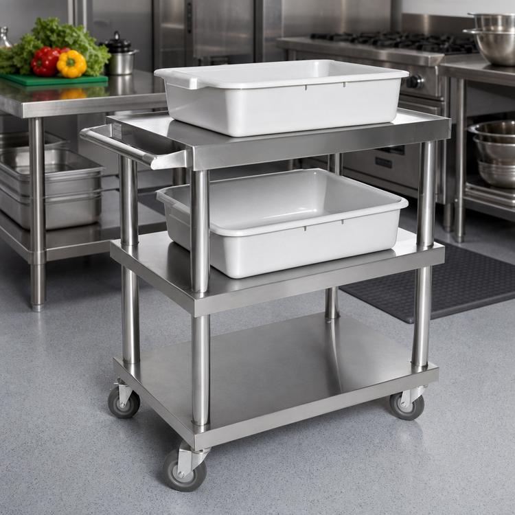 Product image #2 for Klinger's Trading Open Utility Bus Cart, 3 Bus Tray Capacity, 430 Stainless Steel
