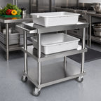 Thumbnail image #2 for Klinger's Trading CS3SM-CART Open Utility Bus Cart, 3-Tray, 430 Stainless Steel, 250 lb. Capacity, 26-1/2"W x 16-1/2"D x 32-1/2"H