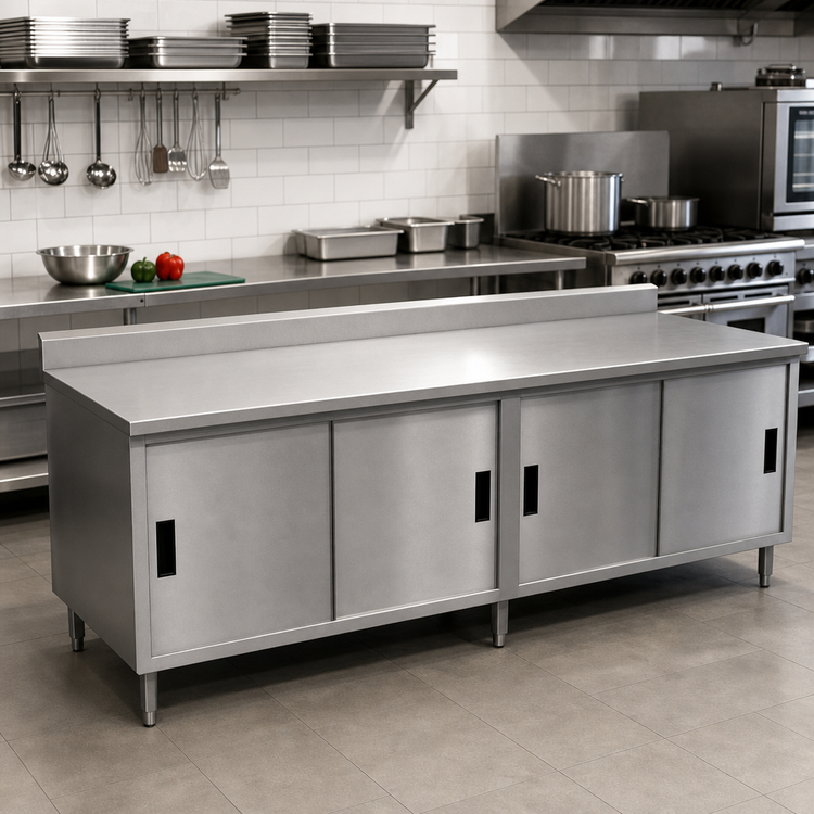 Product image #2 for BK Resources 120-Inch Stainless Steel Chef Table with Cabinet Base and 5-Inch Backsplash