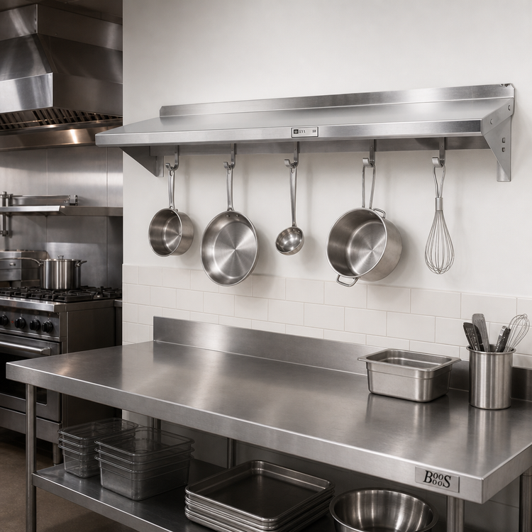 Product image #2 for John Boos Stallion 60-Inch Wall-Mount Stainless Steel Commercial Pot Rack Shelf with 5 Hooks, 16 Gauge