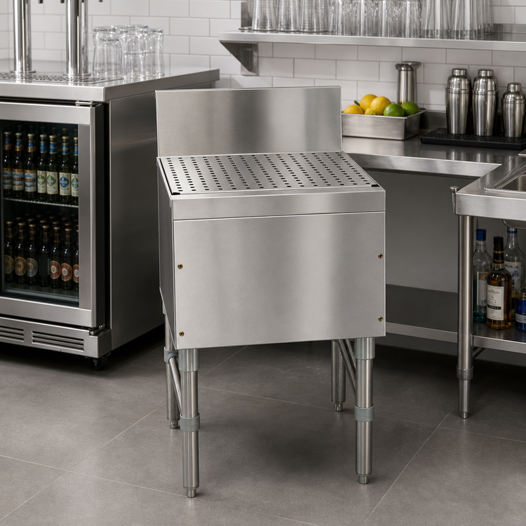 Product image #2 for Advance Tabco Prestige Signature Series 48-Inch Free-Standing Underbar Drainboard with 7-Inch Backsplash and Removable Perforated Top