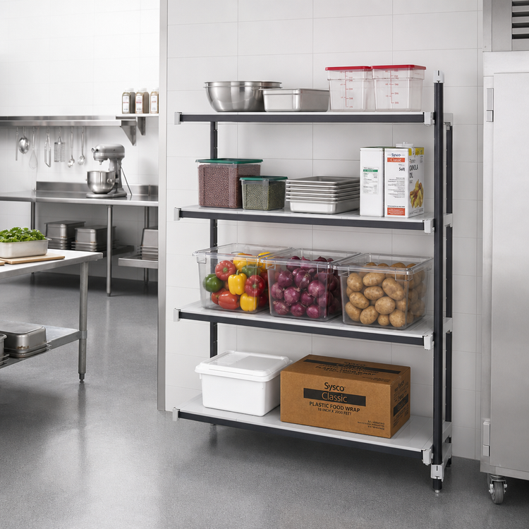 Product image #2 for Cambro Camshelving Elements XTRA 4-Shelf Solid Stationary Add-On Polymer Shelving Unit, 42" W x 18" D x 72" H, Speckled Gray