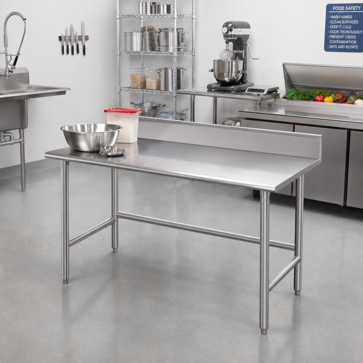 Product image #2 for Advance Tabco 60-Inch x 30-Inch 14-Gauge 304 Stainless Steel Work Table with 5-Inch Backsplash and Open Base