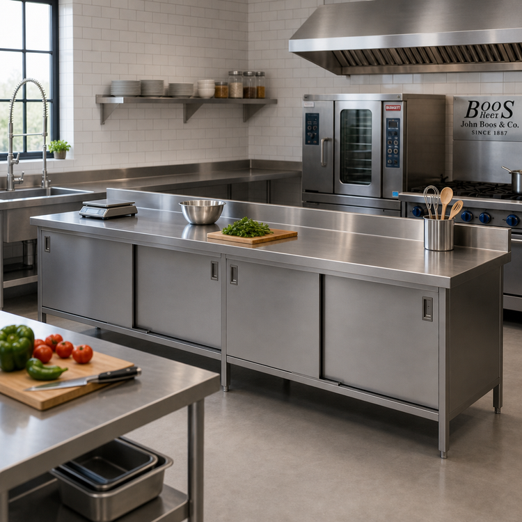 Product image #2 for John Boos Enclosed Base Stainless Steel Work Table with Sliding Doors, 5-Inch Backsplash, and Undershelf - 132 x 24 Inches