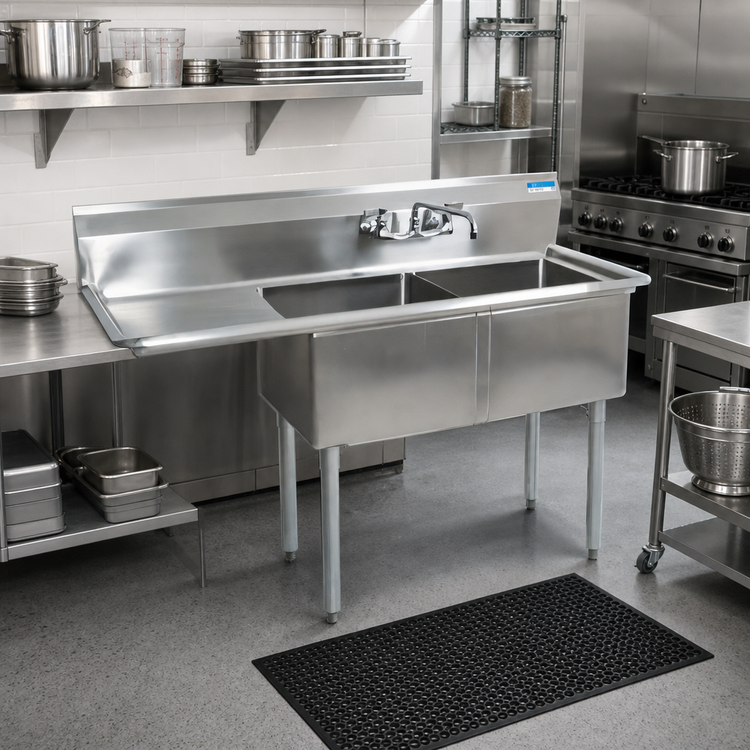 Product image #2 for BK Resources Two-Compartment Stainless Steel Sink with Left Drainboard, 24 x 24 x 14 Inch Bowls