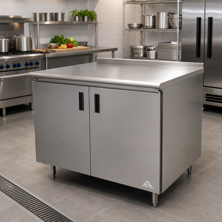 Product image #2 for Advance Tabco 36" x 36" Enclosed Work Table with Cabinet Base and Hinged Doors