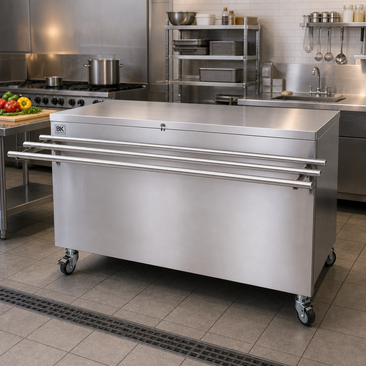 Product image #2 for BK Resources 60-Inch x 30-Inch Stainless Steel Serving Counter with Hinged Door, Lock, and Drop Shelf