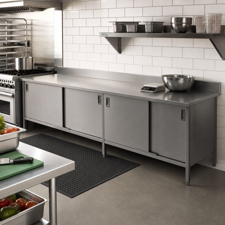 Product image #2 for John Boos 120-Inch x 30-Inch Enclosed Base Stainless Steel Work Table with Sliding Doors and 5-Inch Backsplash