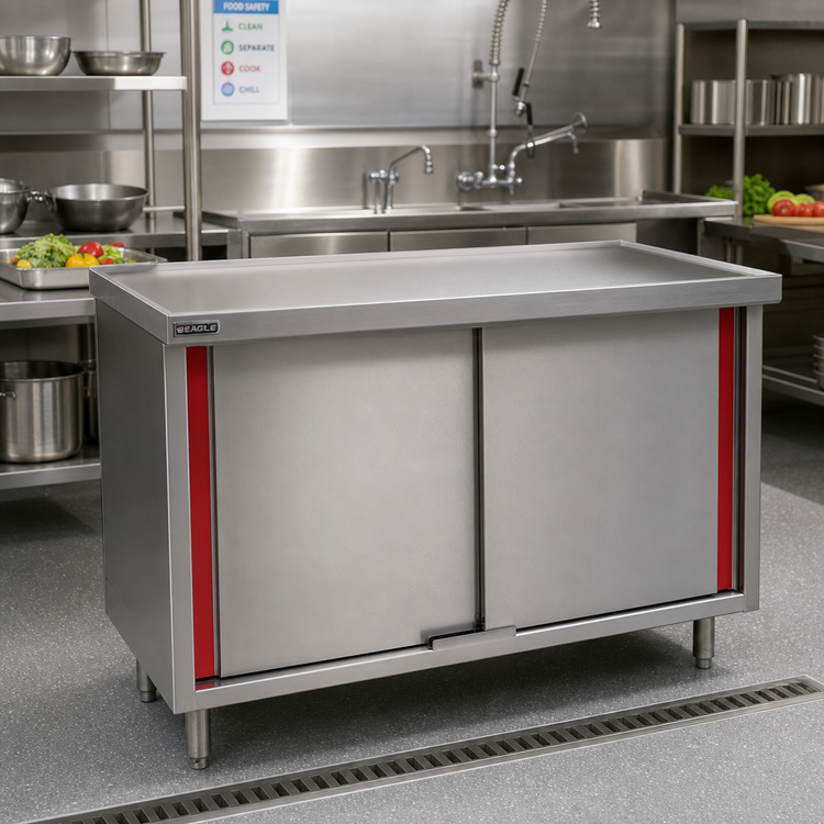 Product image #2 for Eagle Spec-Master Marine Series Enclosed Work Table with Sliding Doors, 84 x 24 Inches, 14-Gauge 304 Stainless Steel Top