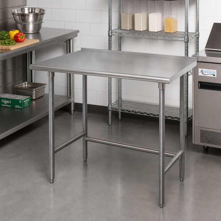 Product image #2 for Advance Tabco 30 Inch x 24 Inch 14-Gauge Stainless Steel Work Table with 1-1/2 Inch Rear Up-Turn and Open Base