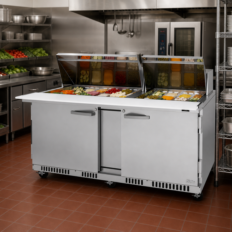 Product image #2 for Turbo Air PRO Series 72-5/8-Inch Front-Breathing Mega Top Sandwich/Salad Prep Table, 2-Section, 30-Pan, Stainless Steel