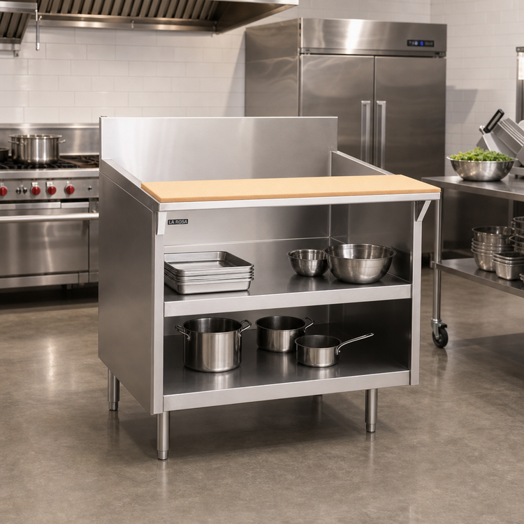 Product image #2 for La Rosa 120-Inch Wide Open Cabinet Equipment Stand with Stainless Steel Shelf and Richlite Cutting Board
