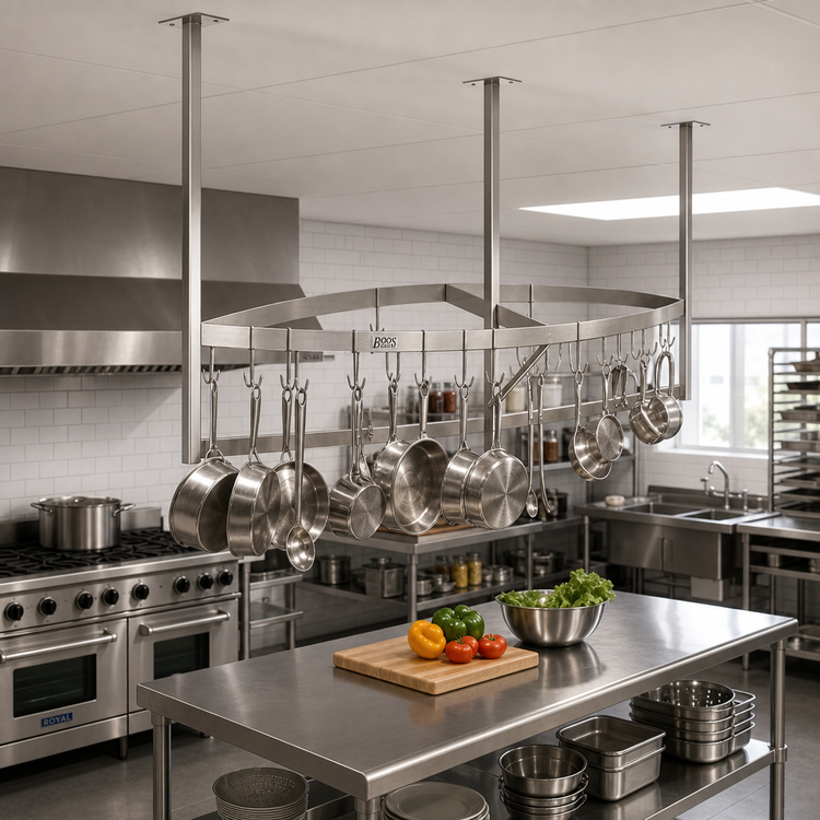 Product image #2 for John Boos Boat-Shaped Ceiling-Mounted Stainless Steel Pot Rack with 27 Double Hooks