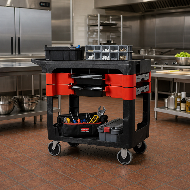 Product image #2 for Rubbermaid Commercial Black Two-Shelf Trades Cart with Parts Boxes, Bins and 5-Inch Casters