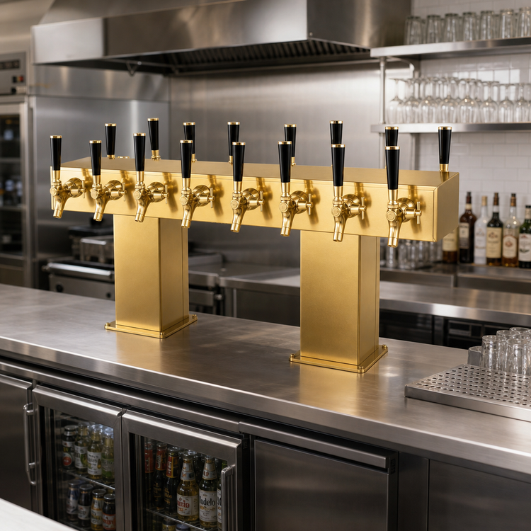 Product image #2 for Perlick Back-to-Back Bridge Tee 24-Faucet Glycol-Cooled Countertop Draft Beer Tower, Brass Finish