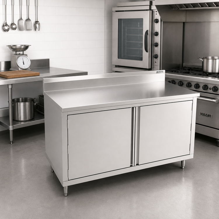 Product image #2 for John Boos Enclosed Work Table with Hinged Doors, 60-Inch x 30-Inch, 14-Gauge Stainless Steel Top, 5-Inch Backsplash