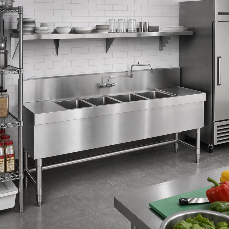 Product image #2 for Spec-Bar Four-Compartment Underbar Sink Unit with Right Drainboard, 72"W x 19"D x 37"H