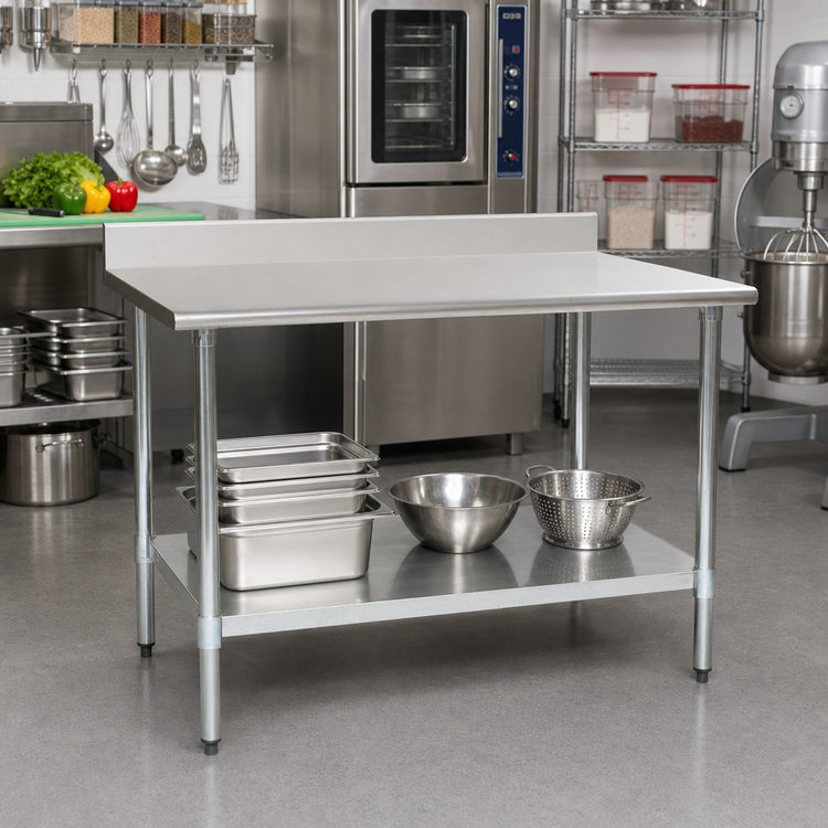 Product image #2 for BlendPort® Budget Series 60 Inch x 30 Inch 430 Stainless Steel Work Table with 4-1/2 Inch Backsplash and Undershelf