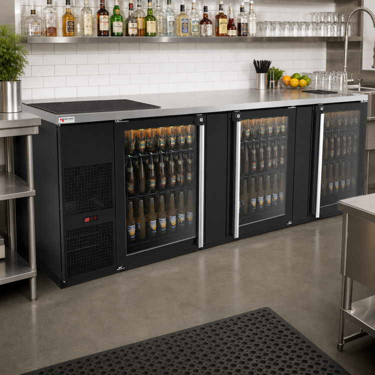 Product image #2 for Pro-Line E-Series Three-Section Refrigerated Back Bar Cooler with Glass Doors, 95-1/2 Inch, Black