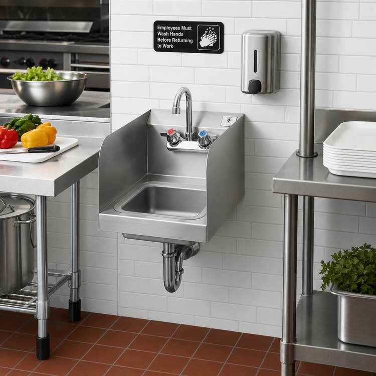 Product image #2 for John Boos Pro-Bowl Wall-Mount Stainless Steel Hand Sink with 9 x 9 x 5 Bowl, Left and Right Side Splashes, and Splash-Mount Faucet