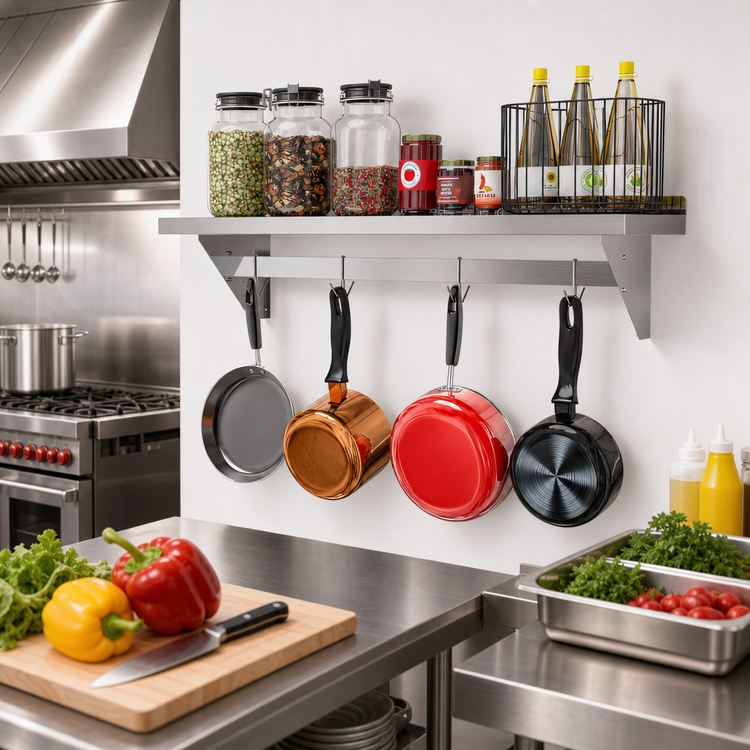Product image #2 for 48 Inch Wall-Mounted Stainless Steel Shelf with Pot Rack and Removable Hooks