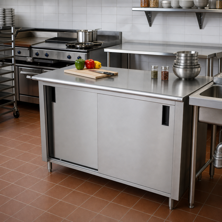 Product image #2 for Advance Tabco Special Value Series Economy Enclosed Work Table with Sliding Door Cabinet Base, 60 x 30 Inch, 16 Gauge 304 Stainless Steel Top