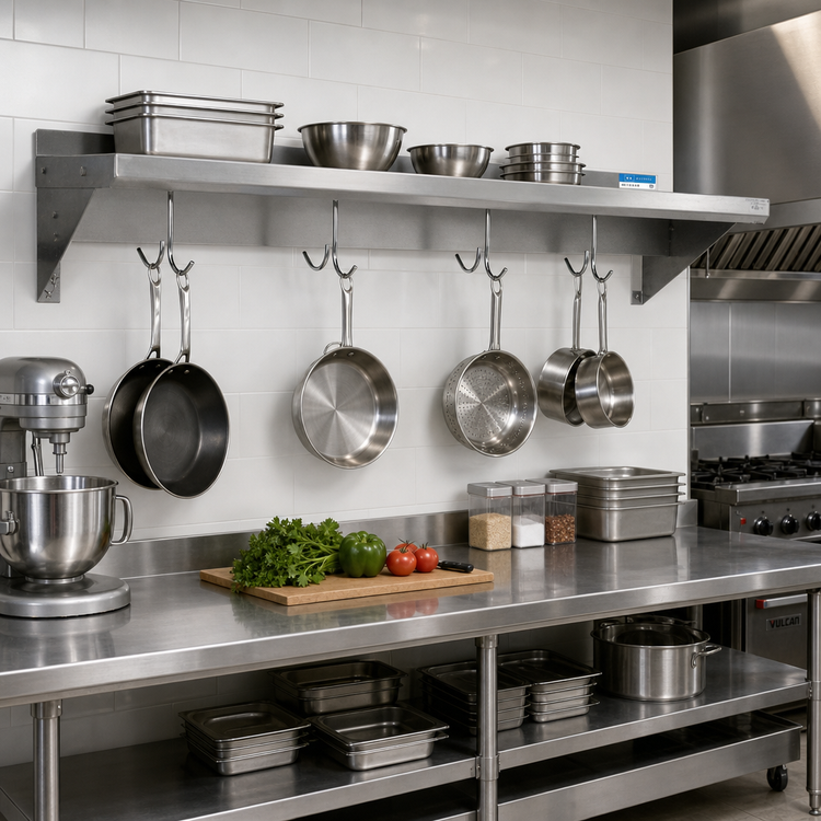 Product image #2 for Wall-Mount Stainless Steel Overshelf with Pot Rack, 96 Inch x 14 Inch