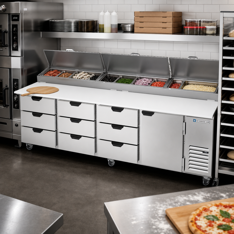 Product image #2 for Beverage-Air Four-Section Pizza Prep Table with 9 Drawers, 1 Door, and 19-Inch Cutting Board, 119-Inch