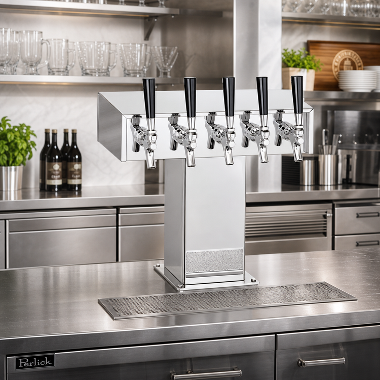 Product image #2 for Perlick Countertop Glycol-Cooled Tee Draft Beer Tower, 5-Faucet, Polished Chrome