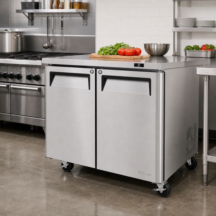 Product image #2 for Turbo Air M3 Two-Section Undercounter Refrigerator, 9.0 Cu. Ft., Self-Contained Rear-Mount, Stainless Steel, Solid Swing Doors
