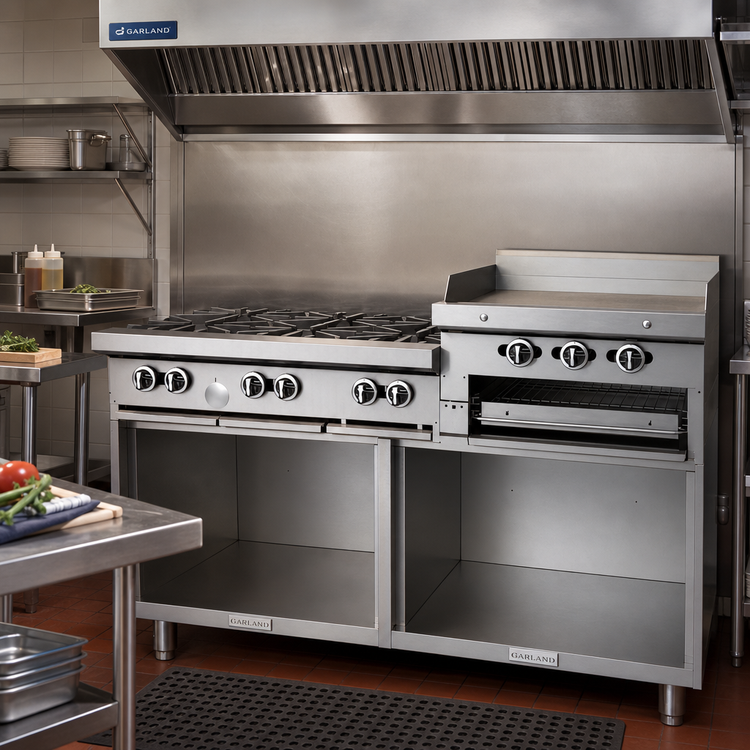 Product image #2 for Garland G Starfire Pro 60-Inch Commercial Raised Griddle/Broiler Gas Range with 6 Open Burners and Double Storage Base