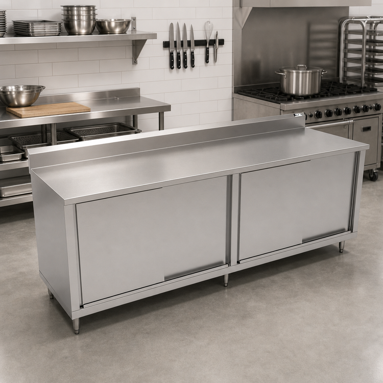 Product image #2 for John Boos 96" x 24" Stainless Steel Enclosed Work Table with Sliding Doors and 5" Backsplash