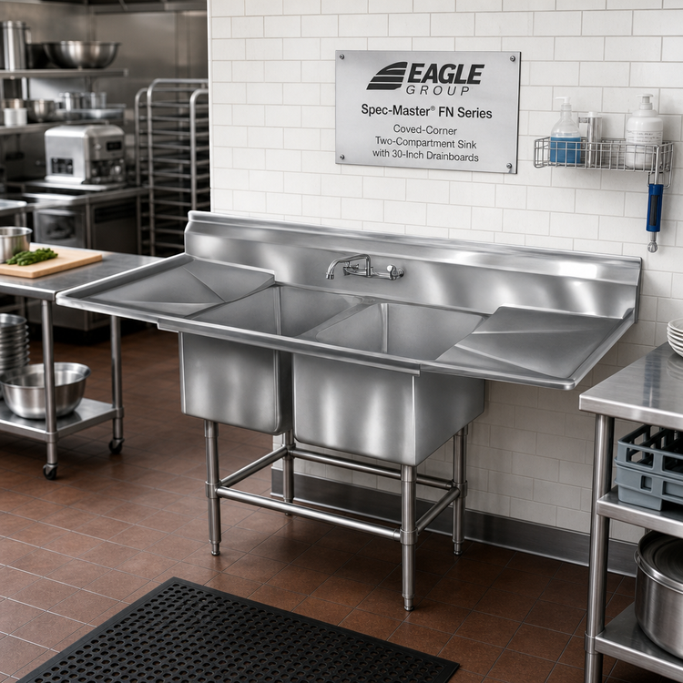 Product image #2 for Eagle Group Spec-Master FN Series Coved-Corner Two-Compartment Stainless Steel Sink with 30-Inch Drainboards on Both Sides