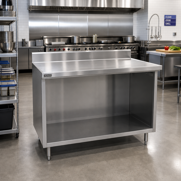 Product image #2 for Spec-Master Marine Series Stainless Steel Work Table with Open Front Cabinet Base, 96 x 24 Inch, 14-Gauge 304 Top, 1-1/2 Inch Rear Up-Turn