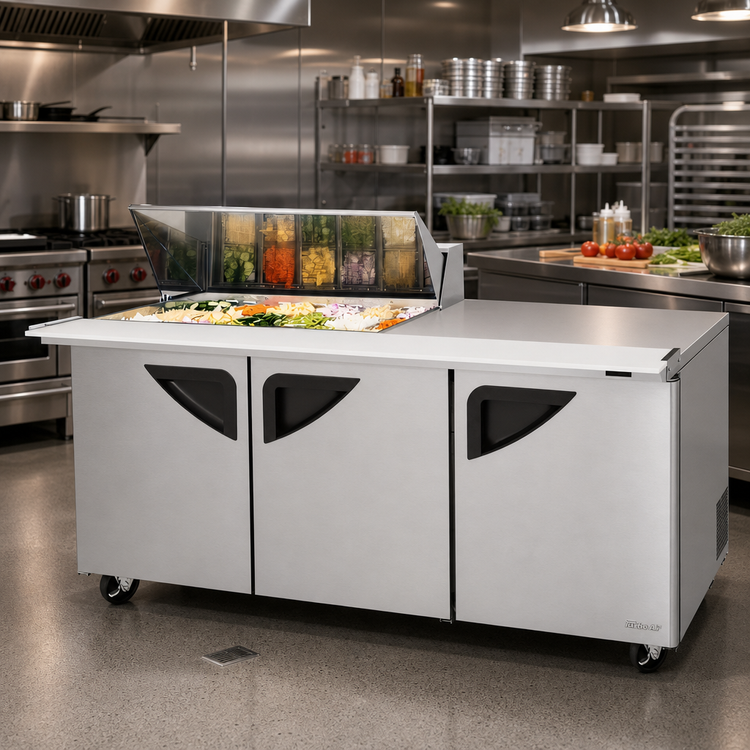 Product image #2 for Turbo Air Super Deluxe 72-Inch 3-Section Mega Top Sandwich/Salad Prep Table Refrigerator, 18-Pan