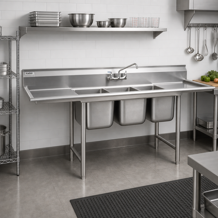 Product image #2 for Eagle Group 314 Series Three-Compartment Sink with Left Drainboard, 304 Stainless Steel