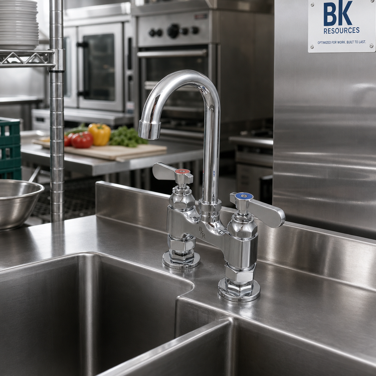 Product image #2 for BK Resources OptiFlow Heavy Duty Lead-Free Deck-Mount Faucet with 8" Gooseneck Spout, 4" Centers