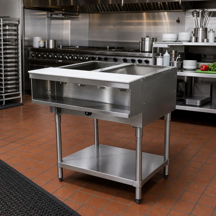 Product image #2 for Advance Tabco Triumph Supreme LP Gas 2-Well Water Bath Hot Food Table with Open Base and Undershelf