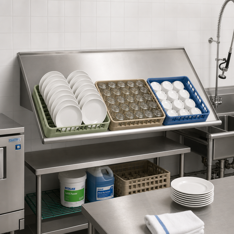 Product image #2 for Advance Tabco Special Value Series Wall-Mounted Stainless Steel Sorting Shelf, 62 Inch Wide, Holds 3 Full-Size Dish Racks