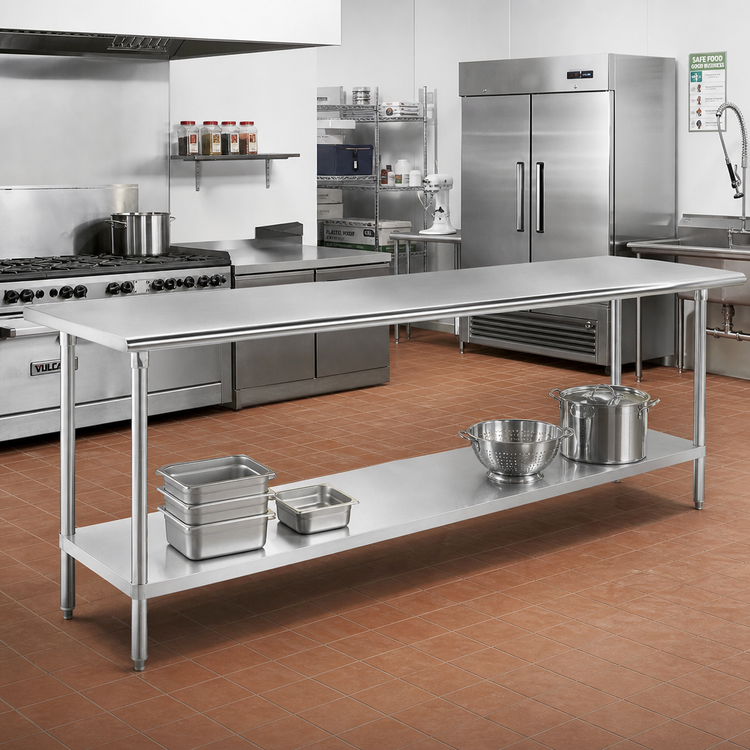 Product image #2 for Advance Tabco 144-Inch x 36-Inch 16-Gauge 430 Stainless Steel Flat Top Work Table with Adjustable Undershelf