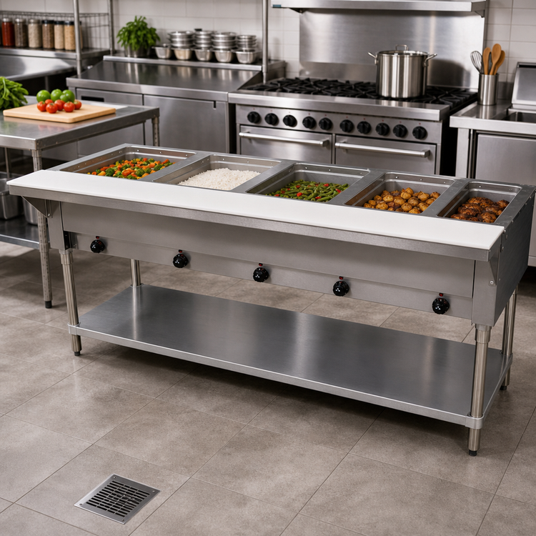 Product image #2 for Advance Tabco Triumph Supreme 77-3/4-Inch Electric Hot Food Table with 5 Sealed Wells, Poly Cutting Board, and Open Galvanized Base