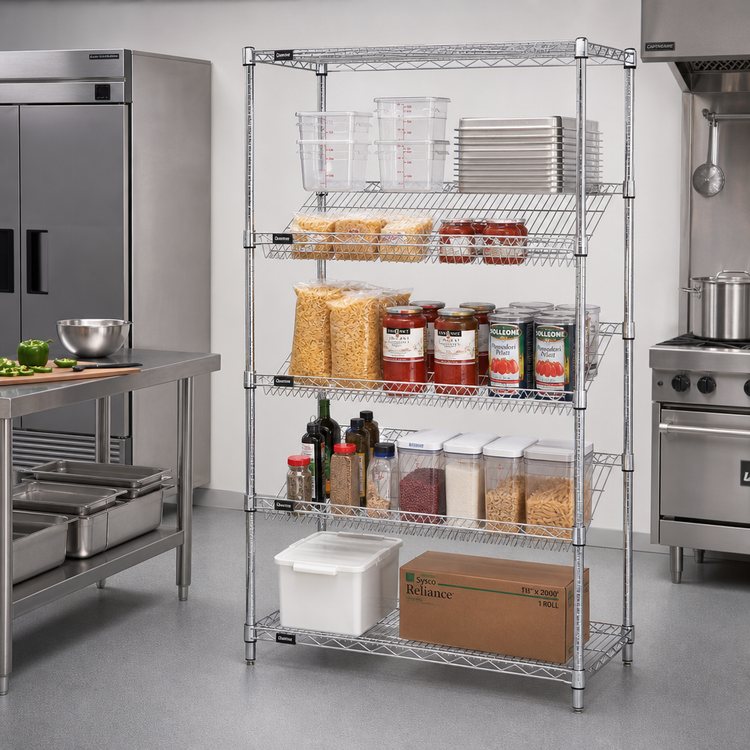 Product image #2 for Quantum 36"W x 24"D x 63"H Stationary 5-Shelf Slanted Wire Shelving Unit, Chrome Plated