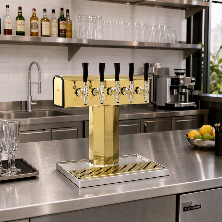 Product image #2 for Glastender 5-Faucet Countertop Tee Draft Dispensing Tower, Glycol-Cooled, Polished Brass Finish