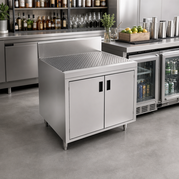 Product image #2 for 30-Inch Wide Stainless Steel Underbar Drainboard Cabinet with Removable Hinged Doors and 7-Inch Backsplash