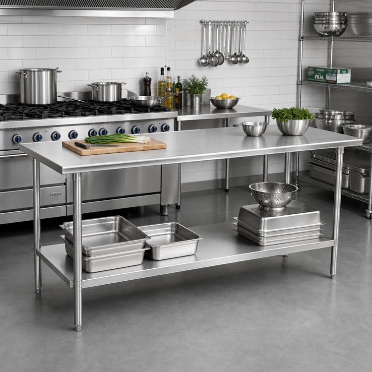 Product image #2 for Advance Tabco 144" x 24" 16 Gauge 430 Stainless Steel Flat Top Work Table with Adjustable Undershelf