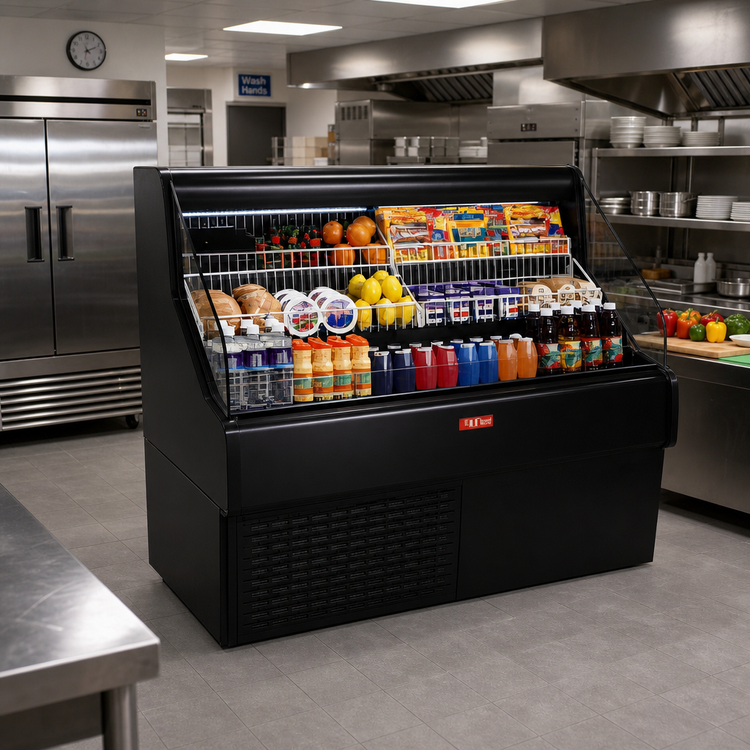 Product image #2 for Howard-McCray Ovation Series 75-Inch Self-Contained Curved Open Merchandiser, 44-Inch High, Black, with LED Lighting