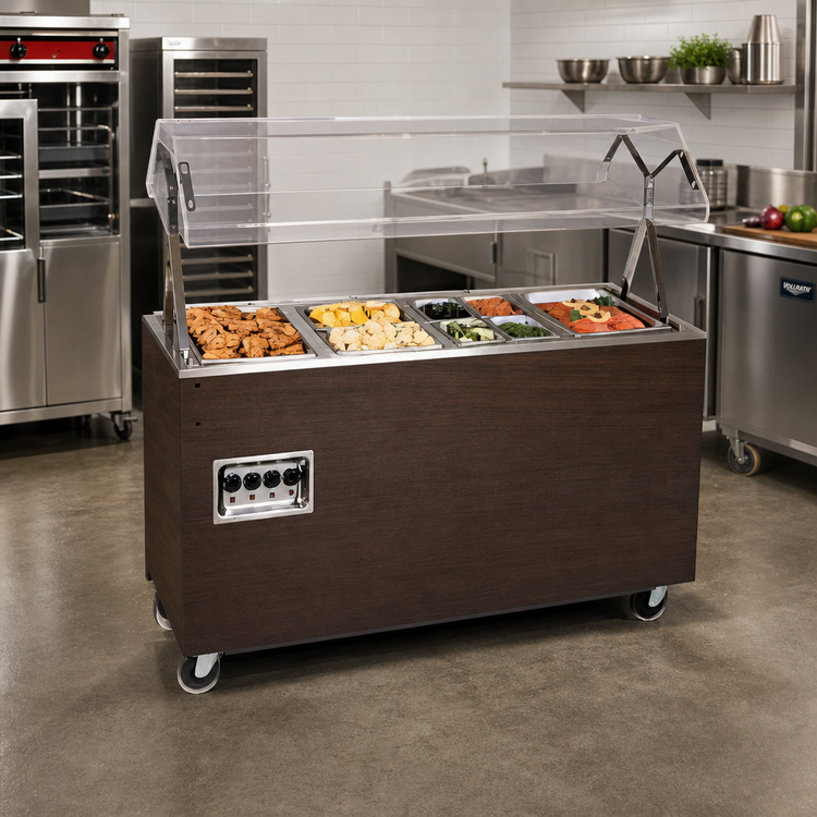 Product image #2 for Vollrath 2-Series Affordable Portable 4-Well Mobile Hot Food Station with Buffet Breath Guard, Enclosed Storage Base and Walnut Woodgrain Finish