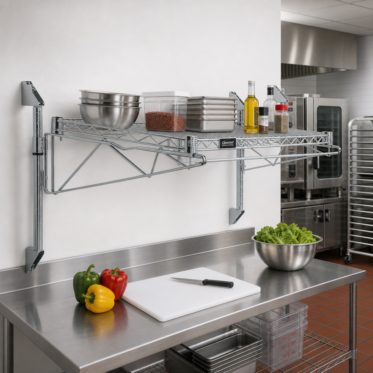 Product image #2 for Quantum Cantilever Single Shelf Post Wall-Mount Wire Shelving Unit, 48 x 18 Inches, Gray Epoxy Antimicrobial Finish