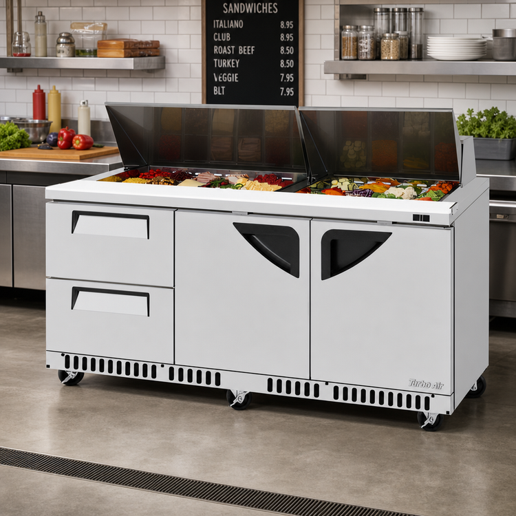 Product image #2 for Turbo Air Super Deluxe Front Breathing Three-Section Sandwich/Salad Prep Table with 2 Drawers and 2 Doors