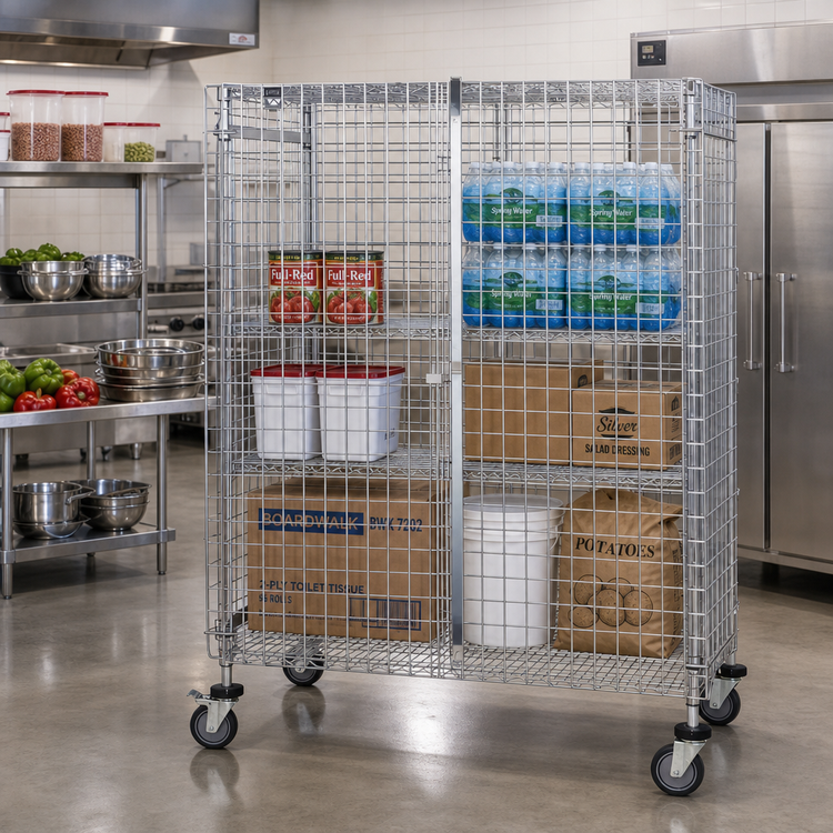 Product image #2 for Quantum Open Wire Mobile Security Cage with Locking Doors, 60"W x 24"D x 69"H, Chrome-Plated Finish